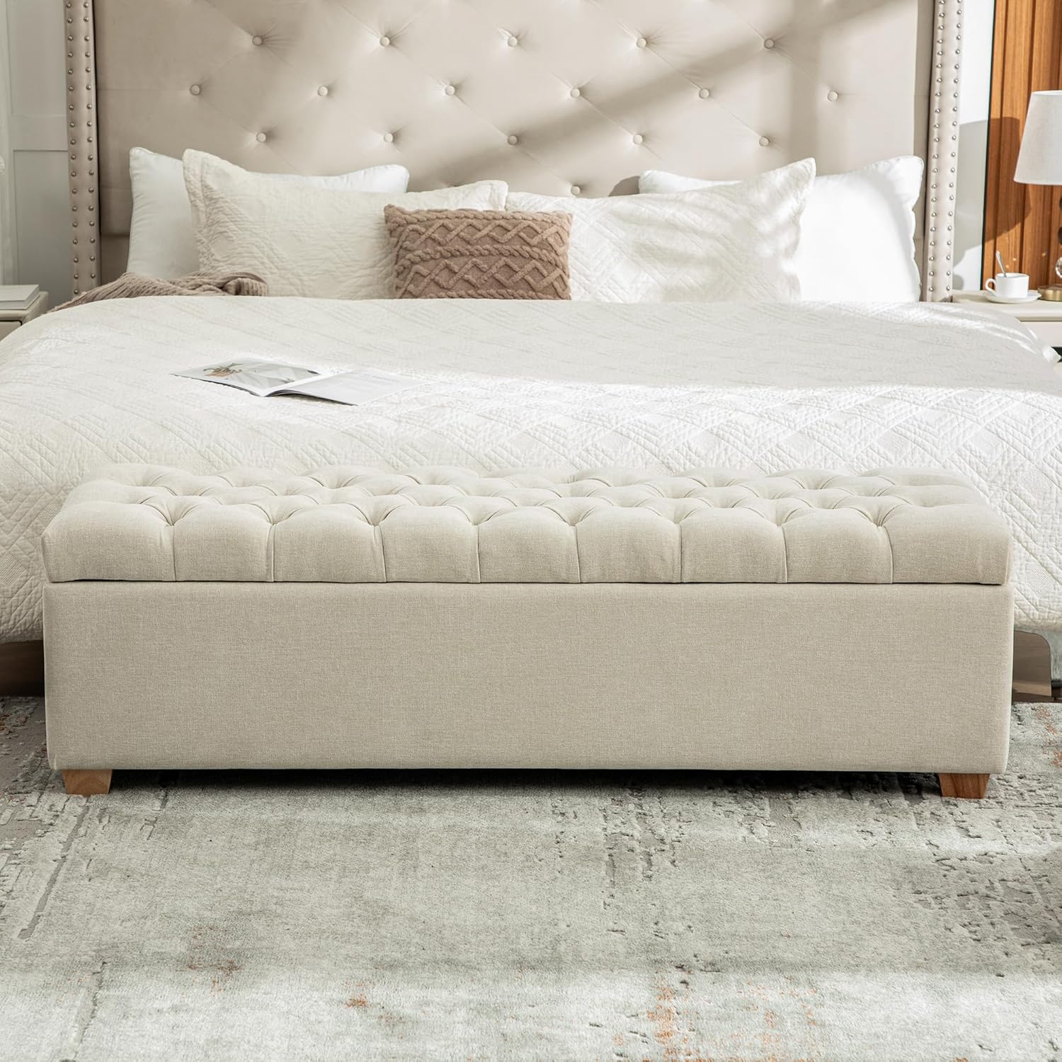 60.2'' Wide Upholstered Storage End of Bed Bench, Tufted Flip-Top Accent Window Bench Footrest Stool Ottoman with Legs for Living Room, Bedroom, Entryway, Dining Room, Dorm, Corner (Beige+Chenille)