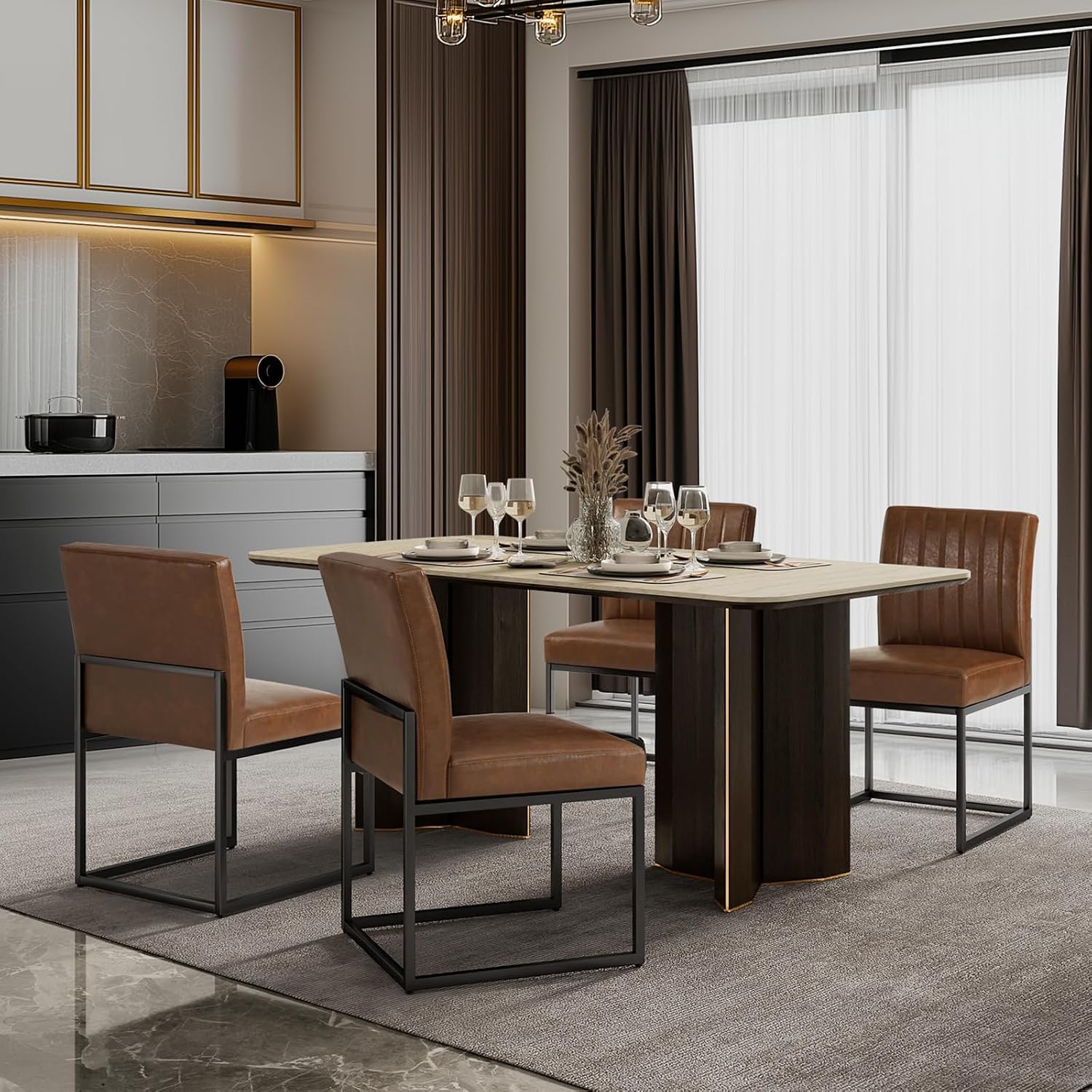Kitchen Chairs Set of 2, Upholstered PU Leather Dining Chairs Metal Frame | Mid Century Modern Side Chairs Industrial Brown Accent Chair for Dining Room, Living Room, Waiting Room, Reception, Office