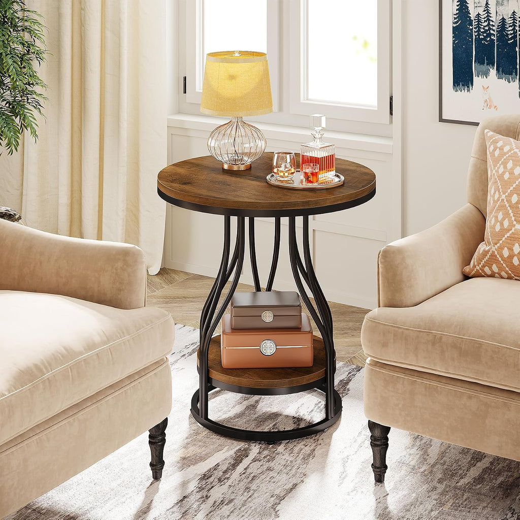 Tribesigns Round Side End Table 2-Tier End Tables Modern Bedside Table Small Chirside Tables with Storage for Couch Side, Nightstand with Metal Frame for Living Room (1, Brown+Black)