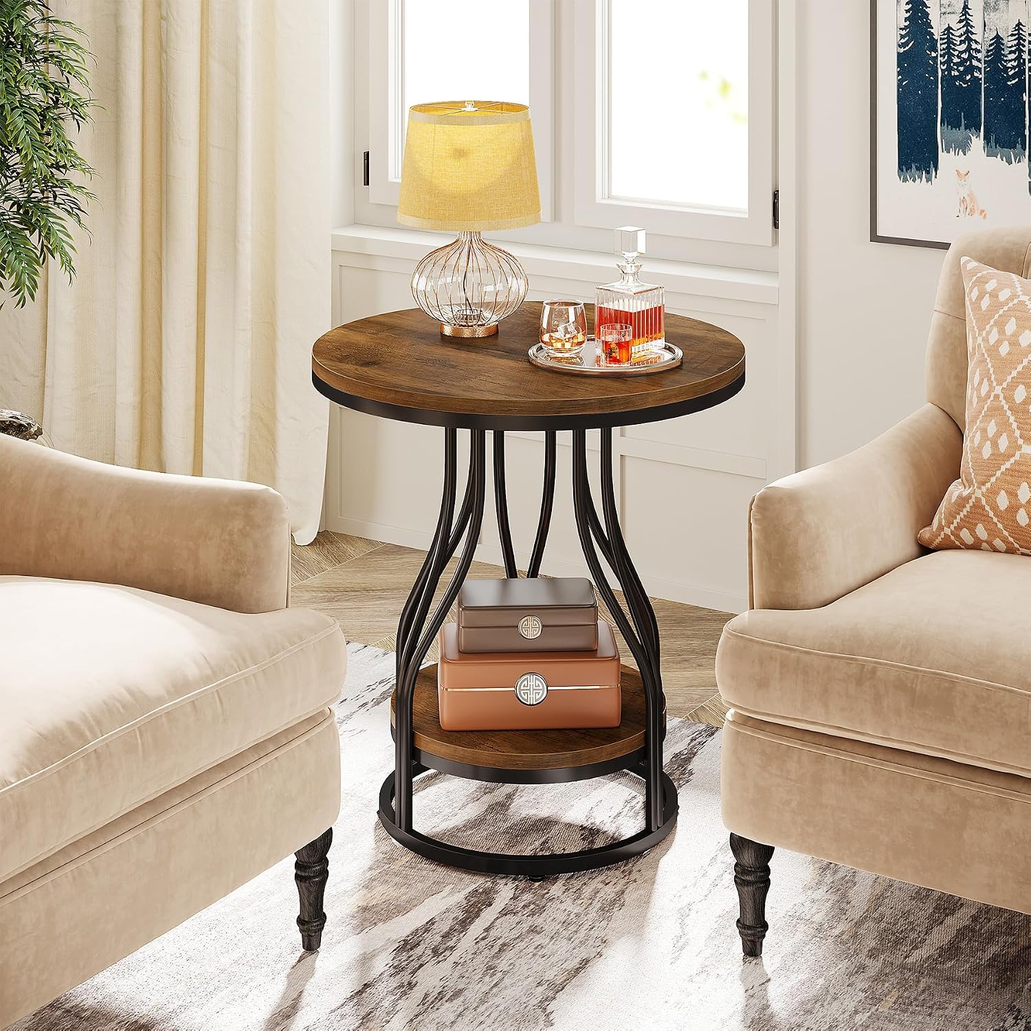 Tribesigns Round Side End Table 2-Tier End Tables Modern Bedside Table Small Chirside Tables with Storage for Couch Side, Nightstand with Metal Frame for Living Room (1, Brown+Black)