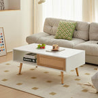 Rattan Coffee Table, 40.3" Mid Century Modern Coffee Table with Storage, Farmhouse Rectangle Wooden Accent Center Sofa Table for Living Room, White
