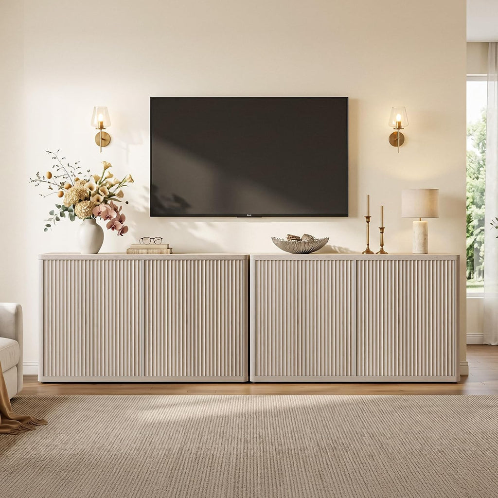 SICOTAS Buffet Cabinet with Storage Accent Sideboard with 4 Doors 66.3" Wide Fluted Credenza Modern Buffet Table Media Console Cabinet Entryway Cabinets for Living Room Kitchen Dining Room Hallway