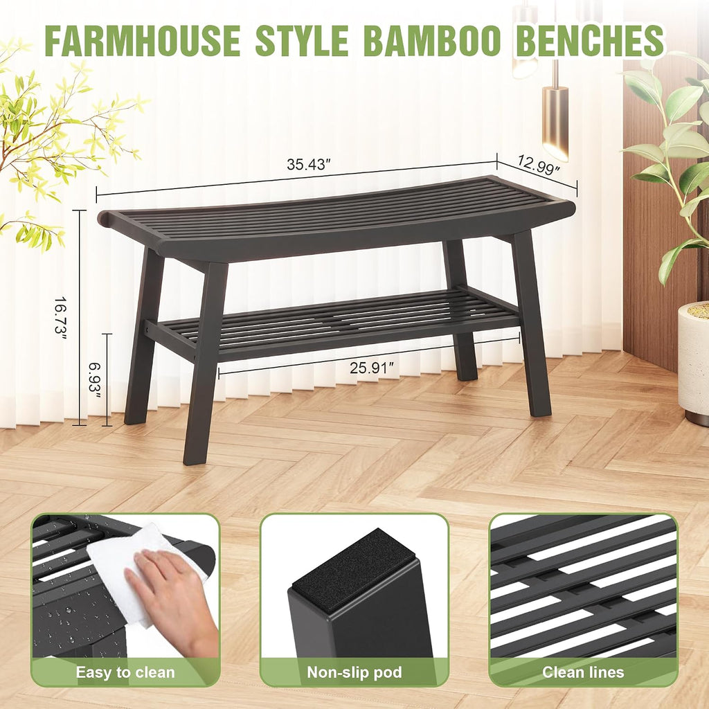 Bamboo Dining Bench Indoor Long Bench Sturdy & Comfortable Indoor Storage Bench Durable Slat Woven Design Modern Entryway Seating for Hallway (Black, 2 Tiers)