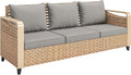 Outsunny Outdoor Patio Couch with Wide and Deep Seat, 3 Seater Wicker Outdoor Sofa with Wide Metal Armrests, Patio Furniture Couch with Cushions for Porch, Garden, Backyard, Gray | Removable Covers