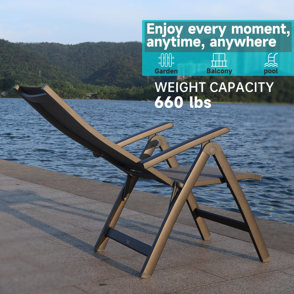 Folding Chair, Indoor & Outdoor Balcony, Patio Porch, Garden Lawn, Pool, for Comfortable Black Foldable Chairs, Portable Cozy Recliner, Metal Frame, Heavy Duty Durable