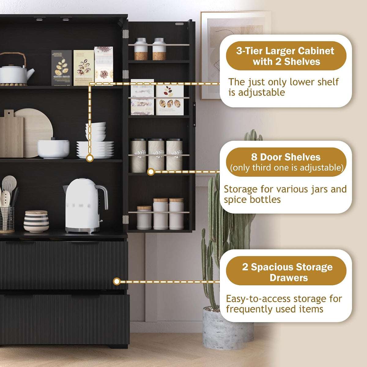 72" Modern Fluted Kitchen Pantry Cabinet with 2 Large Drawers & 8-Door Spice Rack, Freestanding Storage Organizer for Entryway, Dining Room, Office, and Bathroom (Black)