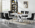 7 Piece Dining Table Set with Chairs, Faux Marble Dining Table and Black Chair Set for 6, White Silver Dining Room Table Set with X-Shape Stainless Steel Base, Morden Kitchen Table and Chairs for 6