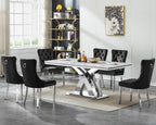 7 Piece Dining Table Set with Chairs, Faux Marble Dining Table and Black Chair Set for 6, White Silver Dining Room Table Set with X-Shape Stainless Steel Base, Morden Kitchen Table and Chairs for 6