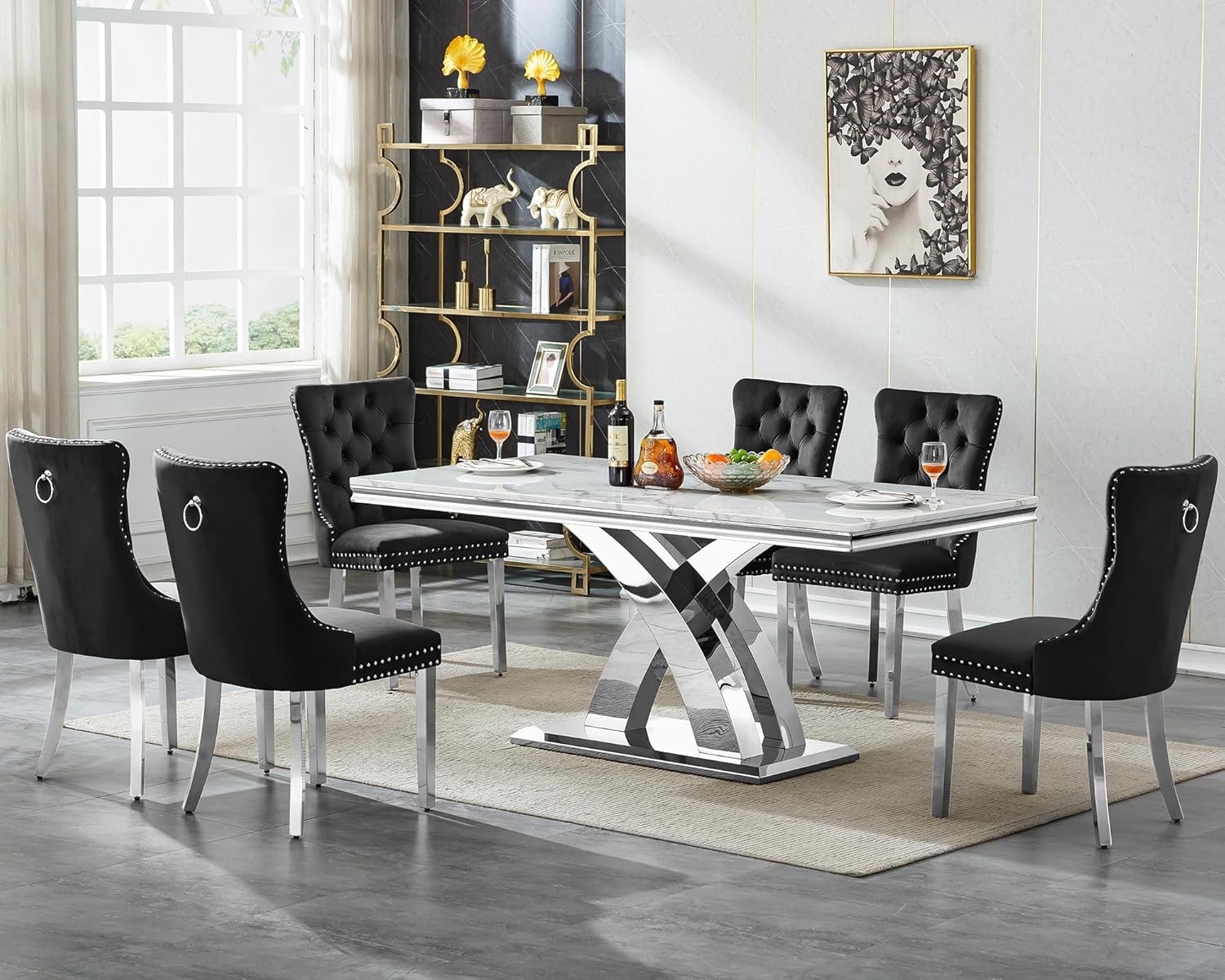 7 Piece Dining Table Set with Chairs, Faux Marble Dining Table and Black Chair Set for 6, White Silver Dining Room Table Set with X-Shape Stainless Steel Base, Morden Kitchen Table and Chairs for 6