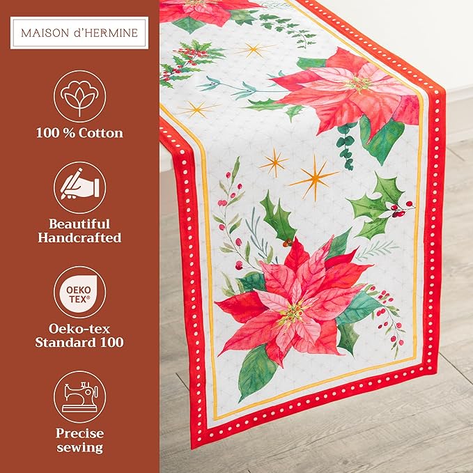 Maison d' Hermine Table Runner 100% Cotton Single Layer Table Runners 108 inches Long for Thanksgiving Christmas Decorations Home Kitchen Dining Party Wedding (Poinsettia Christmas, 14.5" x 108")