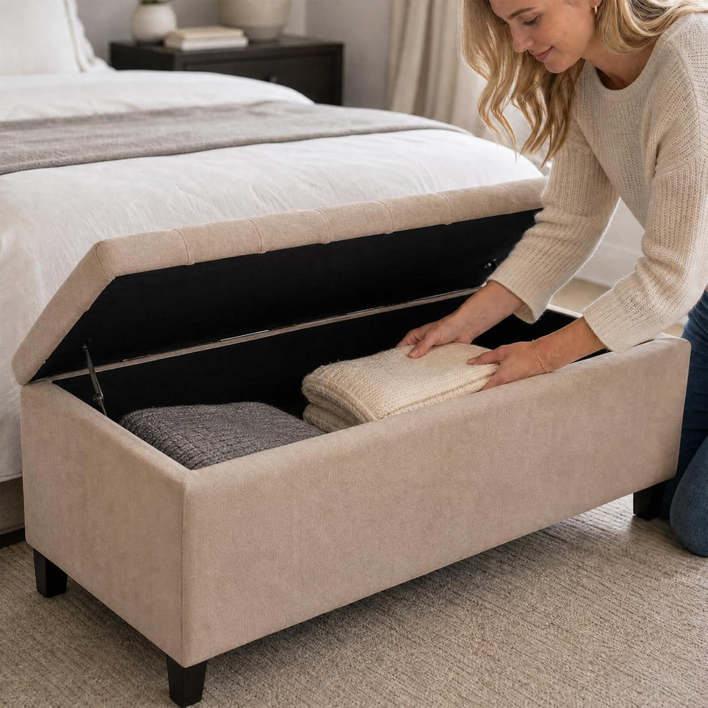 Madison Park 49" Upholstered Storage Bench, Button Tufted End of Bed Bench with Storage, Dual Spring Soft-Close Lid, Bedroom Bench for Queen King Bed, Entryway Living Room, Sand