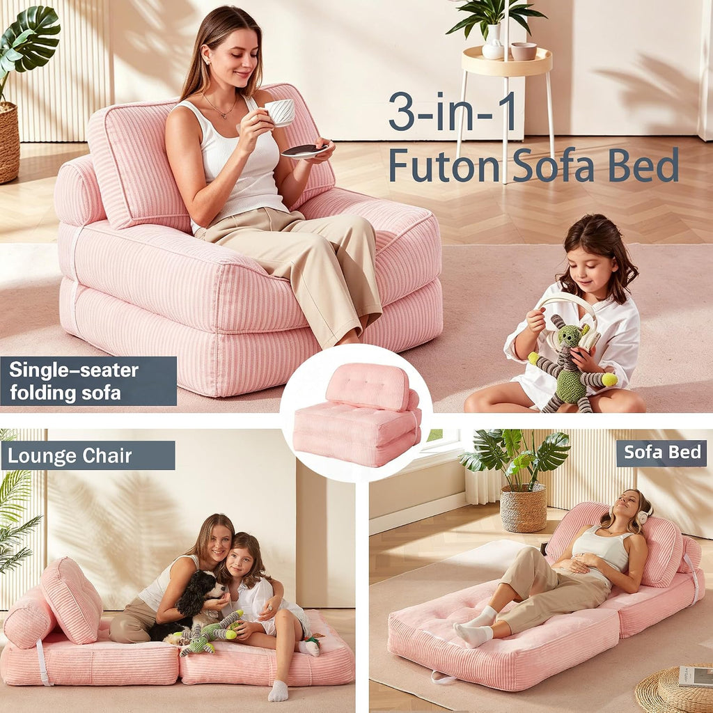 Folding Sofa Bed, Flannel Futon Couch Bed with Pillow and Blanket, Convertible Sleeper Chair for Living Room Bedroom, Pink