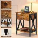 JMLHMXC Nightstands Industrial Bedside End Tables with Drawer and Storage Shelf,Small Side Table for Bedroom, Living Room, Sofa Couch,Brown Set of 2