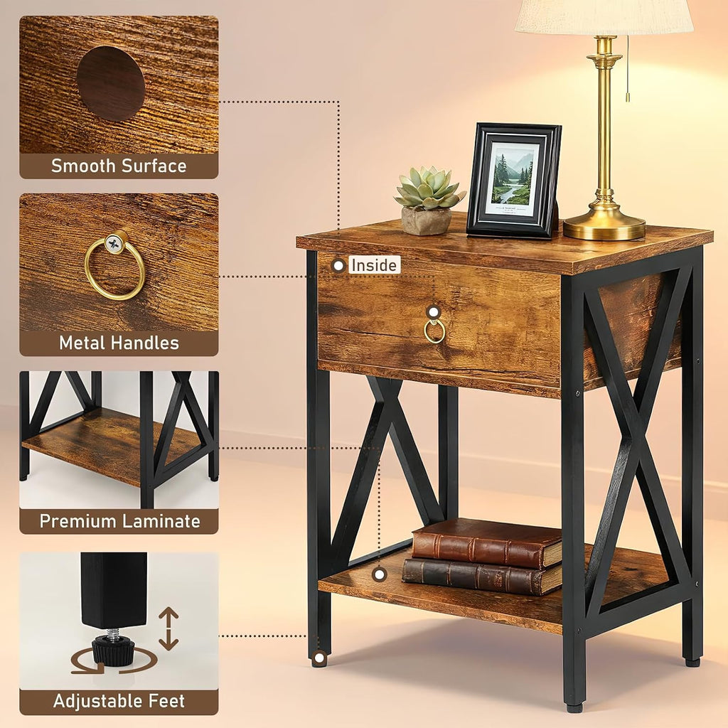 JMLHMXC Nightstands Industrial Bedside End Tables with Drawer and Storage Shelf,Small Side Table for Bedroom, Living Room, Sofa Couch,Brown