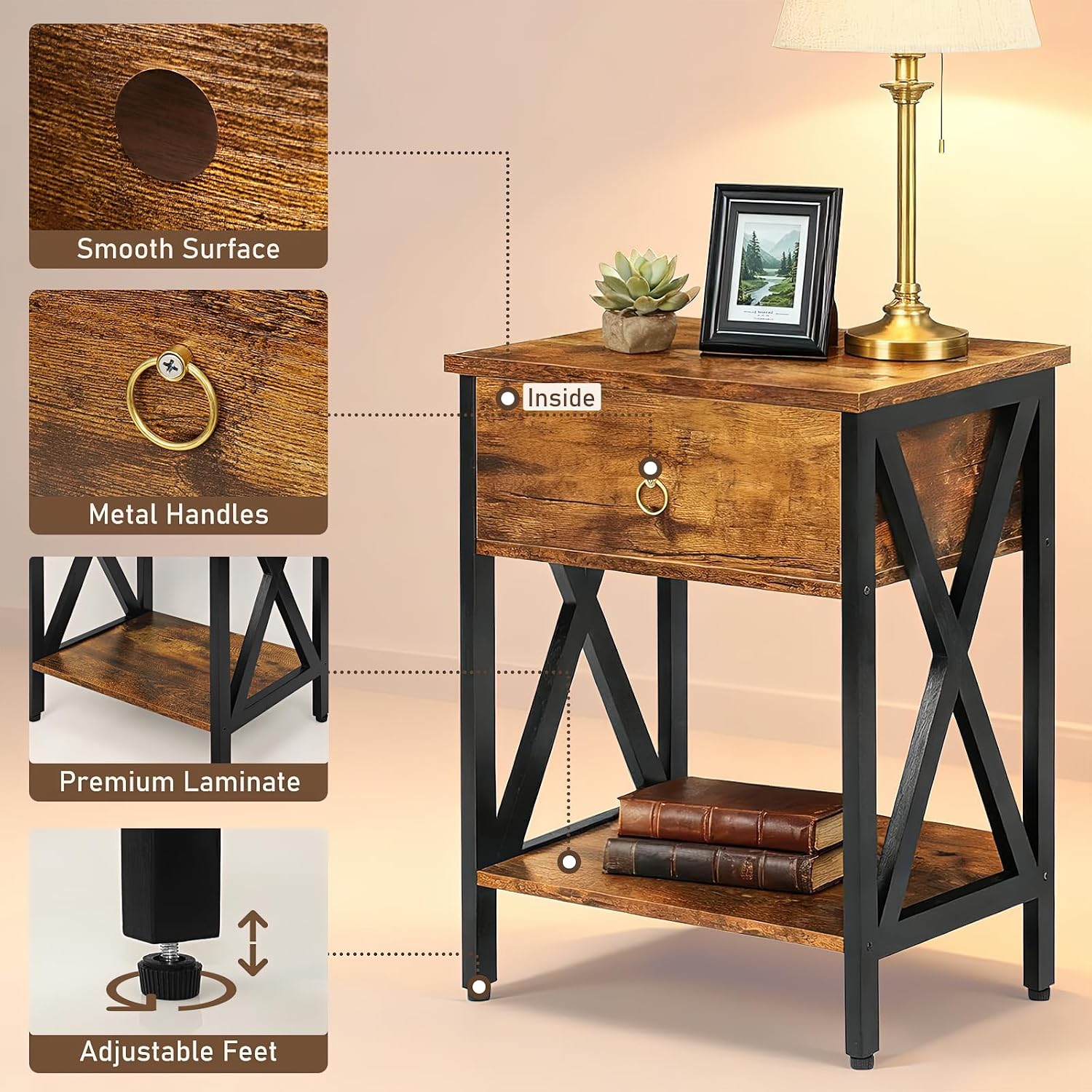 JMLHMXC Nightstands Industrial Bedside End Tables with Drawer and Storage Shelf,Small Side Table for Bedroom, Living Room, Sofa Couch,Brown