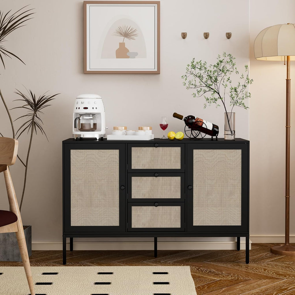 Rattan Sideboard Buffet Cabinet with 2 Doors & 3 Drawers, Mid Century Modern Credenza with Adjustable Shelves, Boho Storage Cabinet for Living Room, Hallway & Kitchen (Black, 47 inch)