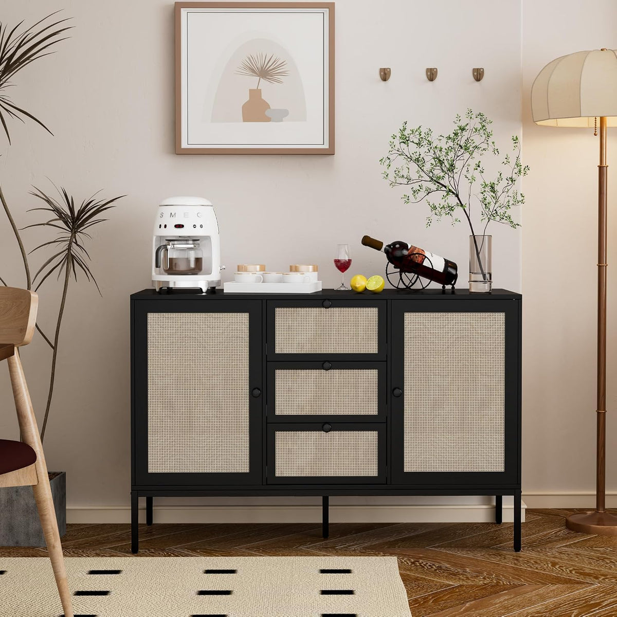 Rattan Sideboard Buffet Cabinet with 2 Doors & 3 Drawers, Mid Century Modern Credenza with Adjustable Shelves, Boho Storage Cabinet for Living Room, Hallway & Kitchen (Black, 47 inch)