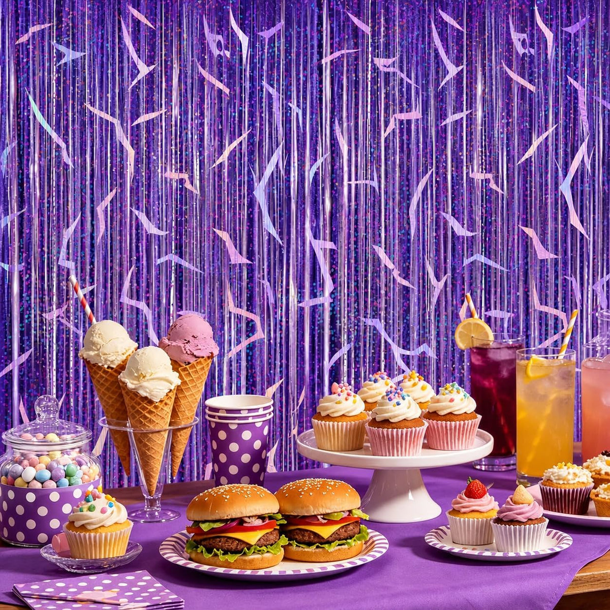 2 Pack K-STYL Purple Foil Fringe Curtains Party Decorations - 3.3 ft x 6.6 ft Energy Pattern Sparkling Holographic Laser Foil Curtain for Girls Disco Bachelorette Party Supplies