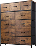 Tall Console Table with 11 Fabric Drawers, Rustic Brown | 11 Fabric Drawers, Entryway Table with Storage, Wood Top, Steel Frame