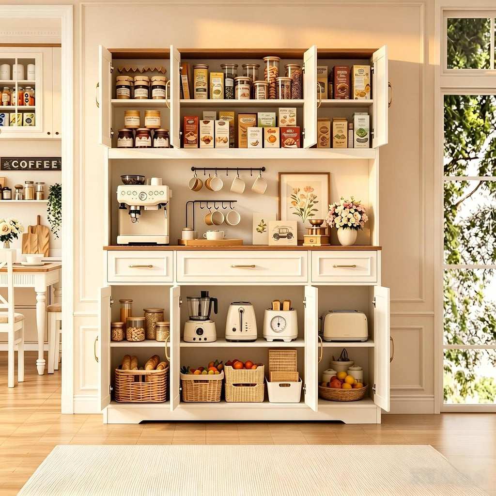 71" Tall Farmhouse Kitchen Pantry Cabinet, 55" Wide Storage Hutch with LED Lights, Charging Station, Drawers & Adjustable Shelves, Multi-Purpose Microwave Coffee Bar for Kitchen Dining Room (White)