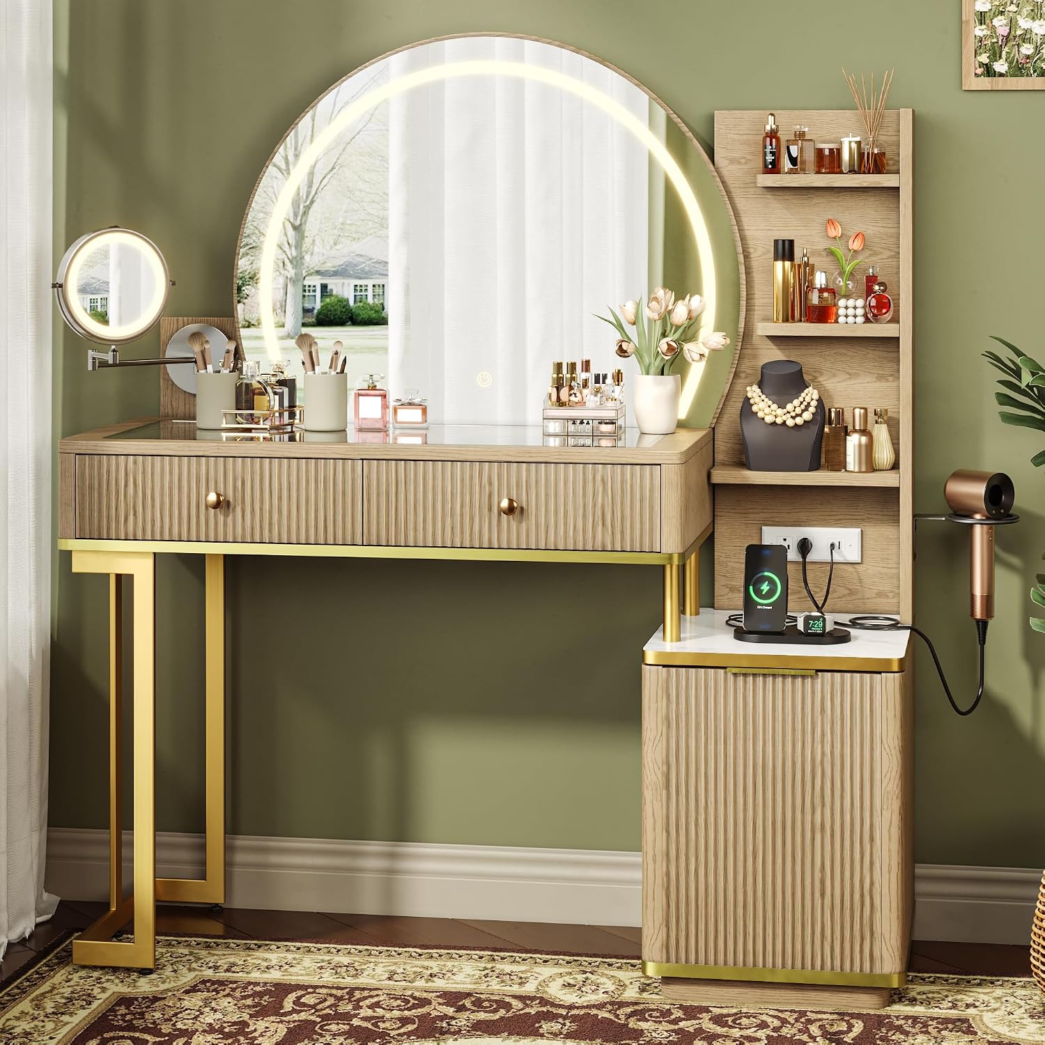 Einhomn Vanity Desk w/5x Magnifying Mirror, Fluted Makeup Vanity w/Mirror and Lights, Glass Top Vanity, Dressing Table w/Power Outlet & Drawers, Adjustable Shelves for Bedroom, Women & Girls, Natural