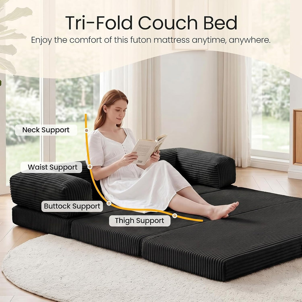 Erament Convertible Sofa Bed, Tri-Folding Mattress Queen Futon Couch Bed, Sleeper Couch Bed with Removable Armrests & Washable Cover for Guest Room, Living Room, Queen, Black