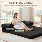 Erament Convertible Sofa Bed, Tri-Folding Mattress Queen Futon Couch Bed, Sleeper Couch Bed with Removable Armrests & Washable Cover for Guest Room, Living Room, Queen, Black