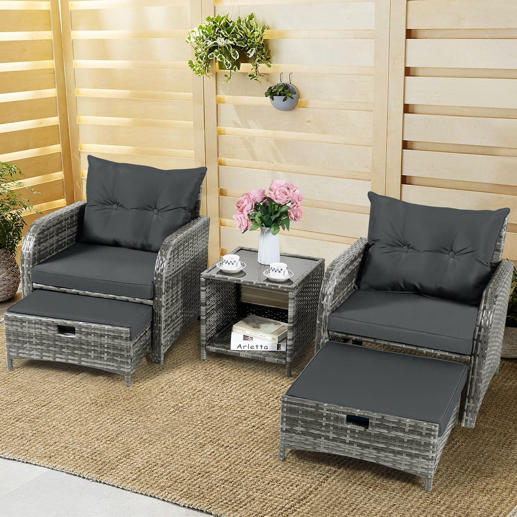 Patio Chair with Ottomans and Table, 5 Piece PE Wicker Rattan Outdoor Patio Furniture Set, Space Saving Design Outdoor Chairs with Ottomans Set for Balcony Poolside Front Porch Deck, Grey