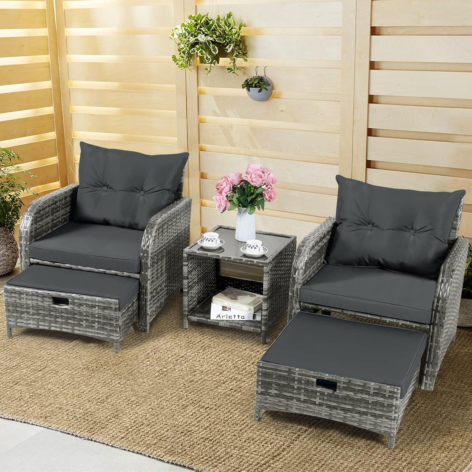 Patio Chair with Ottomans and Table, 5 Piece PE Wicker Rattan Outdoor Patio Furniture Set, Space Saving Design Outdoor Chairs with Ottomans Set for Balcony Poolside Front Porch Deck, Grey