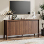 59" Wide Walnut Buffet Cabinet Storage,4 Doors and Adjustable Shelves,Solid Wood Round Legs,Wood Mid Century Sideboard for Kitchen,Living Room,Coffee Bar.