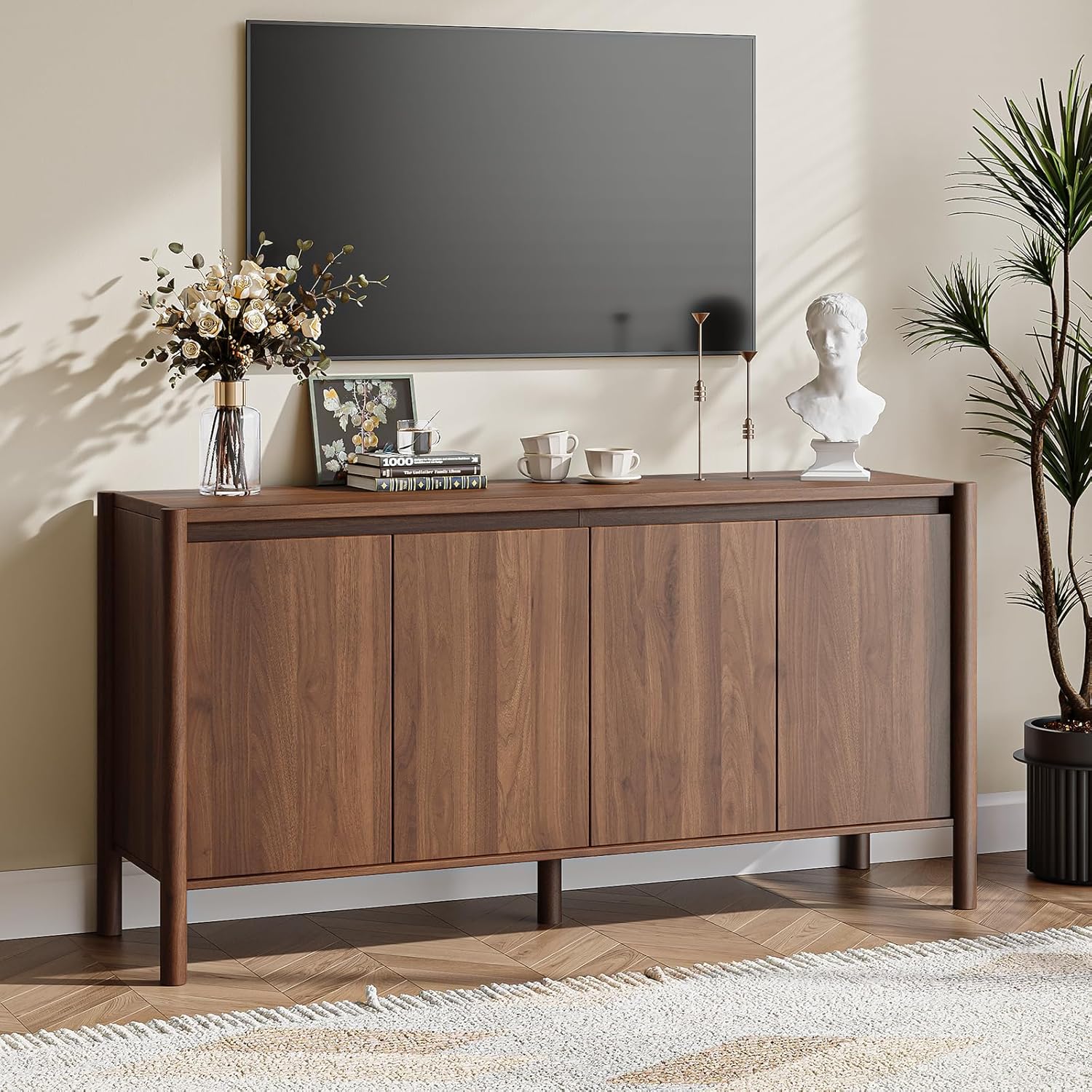 59" Wide Walnut Buffet Cabinet Storage,4 Doors and Adjustable Shelves,Solid Wood Round Legs,Wood Mid Century Sideboard for Kitchen,Living Room,Coffee Bar.