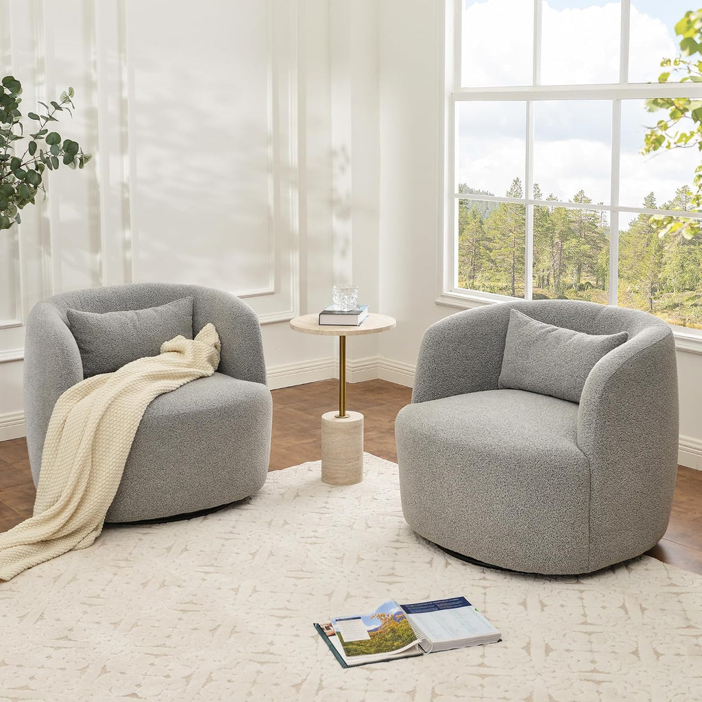 KINWELL 34" Wide Sherpa Swivel Barrel Chairs Set of 2, No Assembly Round Boucle Upholstered Accent Chairs Armchairs Single Sofa Chair with Toss Pillow for Living Room and Bedroom, Gray