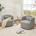 KINWELL 34" Wide Sherpa Swivel Barrel Chairs Set of 2, No Assembly Round Boucle Upholstered Accent Chairs Armchairs Single Sofa Chair with Toss Pillow for Living Room and Bedroom, Gray