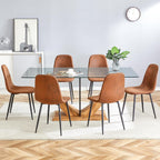 71" Glass Dining Table Set for 6, 7 Piece Dining Table Set,Tempered Glass Table Top with U-Shaped Legs and Fabric Dining Chairs,Ideal for Kitchens, Living Rooms (Brown Chair, 1 Table+6 Chairs)