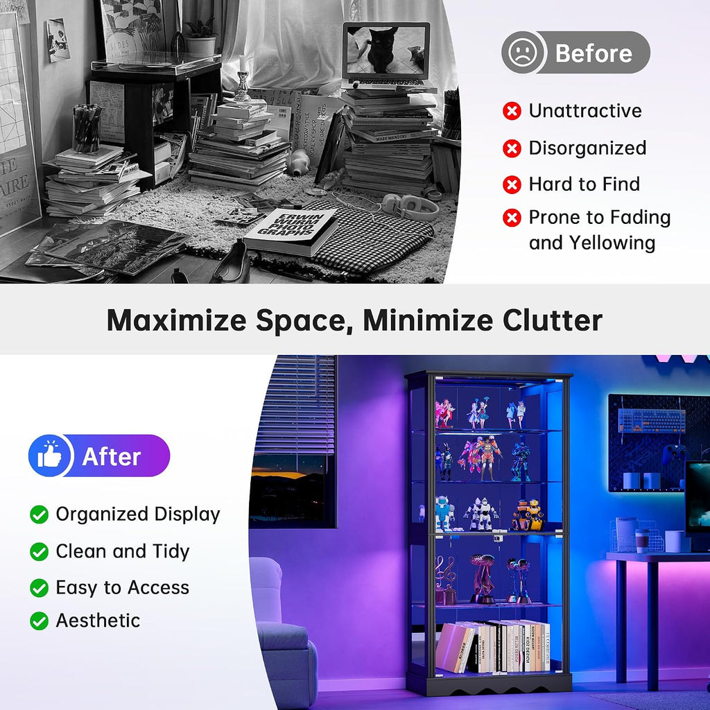 Dystler Display Cabinet with Glass Doors, RGB Lights for Collectibles