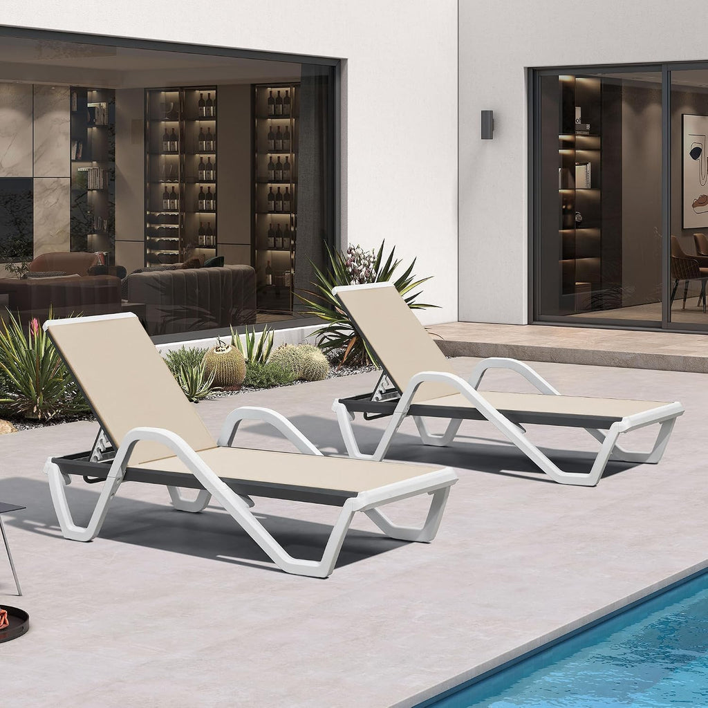 PURPLE LEAF Outdoor Chaise Lounge Set of 2 w/Armrest for Poolside, Khaki | Recline in 5 Positions, Lounge Freely with 400 lbs Support, Enjoy All-Day Cooling & Quick-Dry Comfort