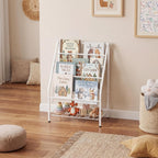 JAQ Kids Bookshelf for Toddlers, 4-Tier Toddler Bookshelf, Forward Facing Kids Book Shelf, Metal Book Display Shelf for Nursery, Playroom & Classroom, Sling Bookshelf for Small Spaces, White, 24.8"