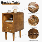 Narrow Nightstand, Solid Wood Night Stand with Drawers, Walnut Mid Century Modern Nightstand, Small Bedside Table with Open Storage Shelf for Bedroom (12 Inch)