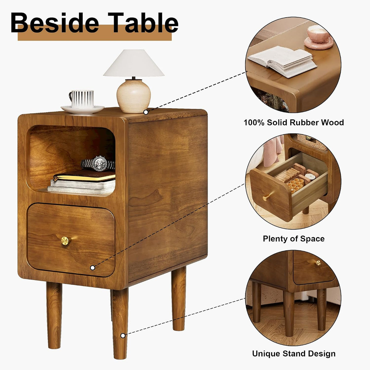 Narrow Nightstand, Solid Wood Night Stand with Drawers, Walnut Mid Century Modern Nightstand, Small Bedside Table with Open Storage Shelf for Bedroom (12 Inch)