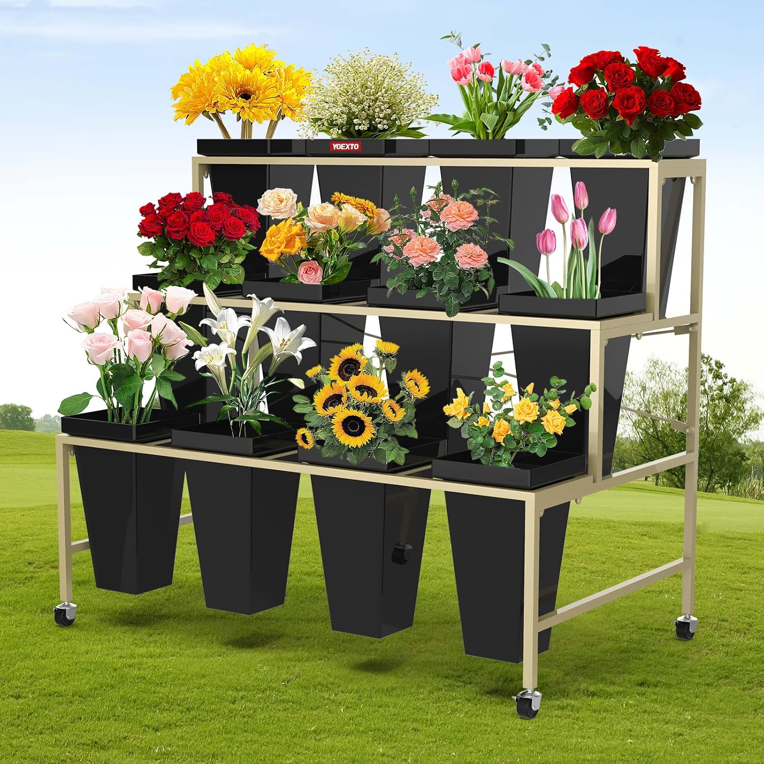 Flower Display Stand 3 Layers with Buckets, 12 PCS Buckets Plant Stand with Wheels, Movable Metal Plant Stand for Terrace Garden, Living Room, Florist Shop