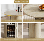 63"-94" Large Oval Extendable Dining Table for 6 8 10, Faux Travertine Expandable Kitchen Table with Fluted Cylindrical Storage Base, Modern Farmhouse Expanding Table for Dinner Party Family Gathering