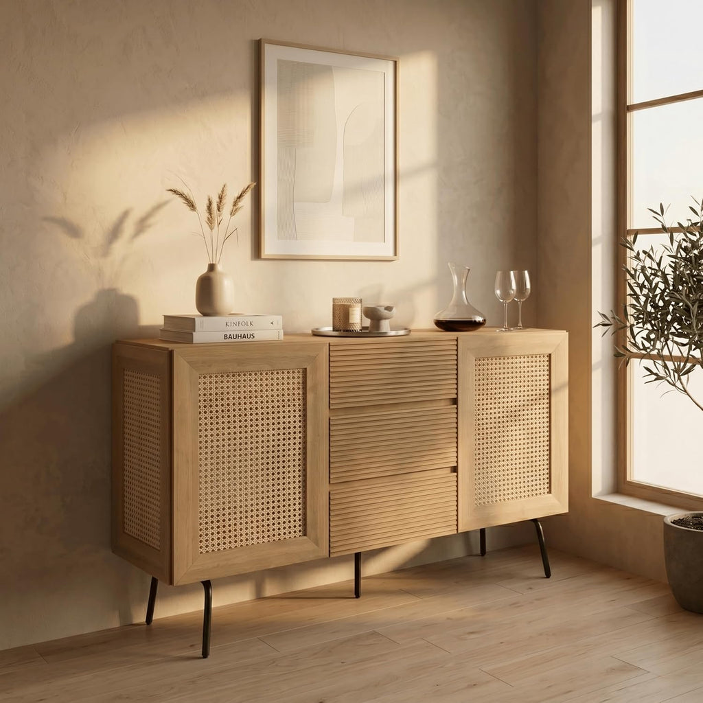 NTC MOSSIC Sideboard with 2 Doors and 3 Drawers, Buffet Cabinet with Natural Rattan and Metal Legs, Modern Storage Cabinet for Living Room, and Hallway, Effortless Assembly, Sand