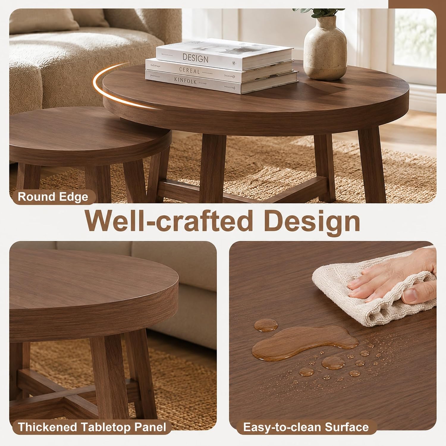 47.2" Round Nesting Coffee Table Set of 2 Walnut Wood Grain Center Tables | Space-Saving Stackable Design | Reinforced X-Cross Support Structure | Waterproof Scratch-Resistant Surface Finish