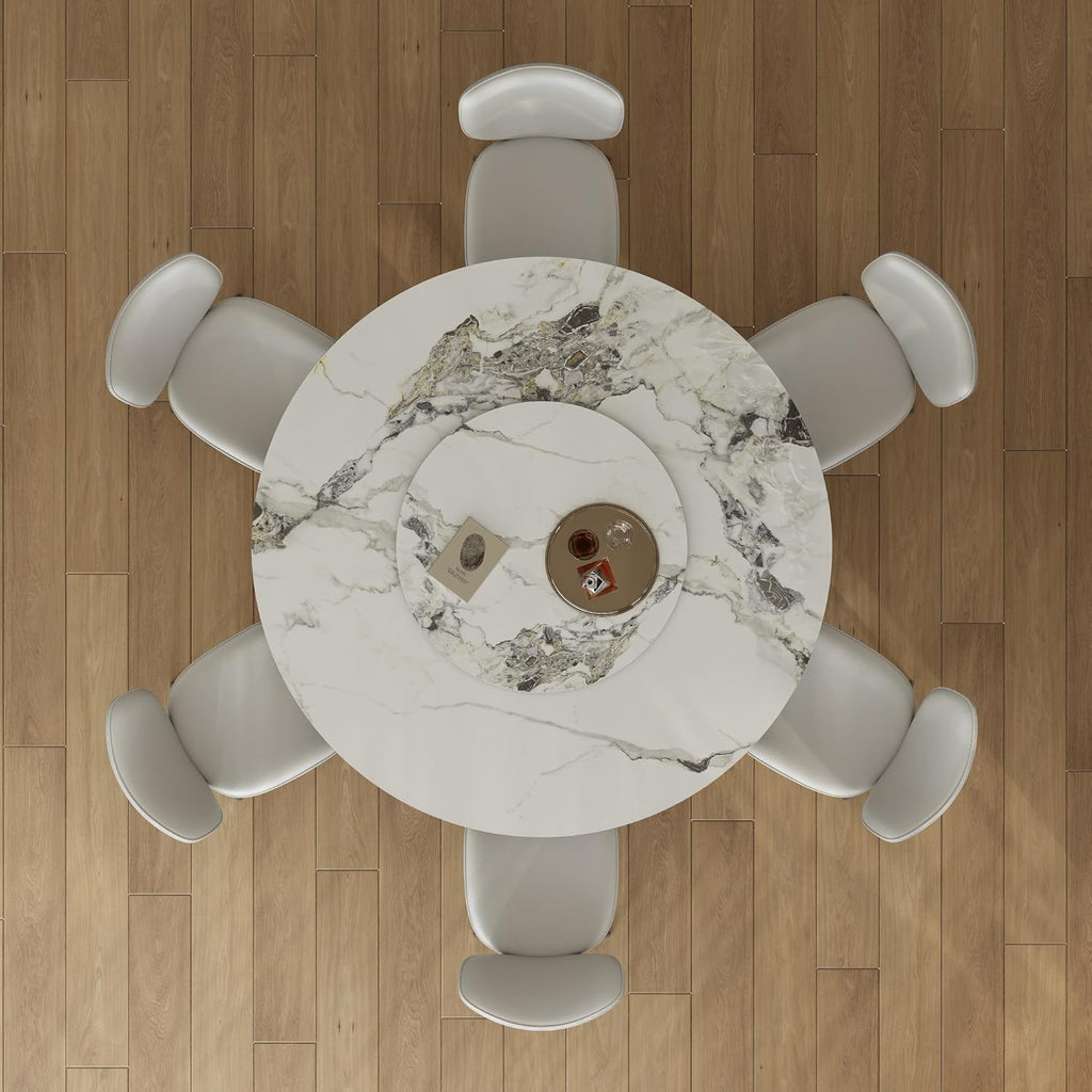 Montary 59” Modern Round Dining Table for 6-8, Artificial Marble Dining Room Table with Lazy Susan, Stainless Steel Black Titanium Hourglass Base, Sintered Stone Top Dining Table (Only Table)