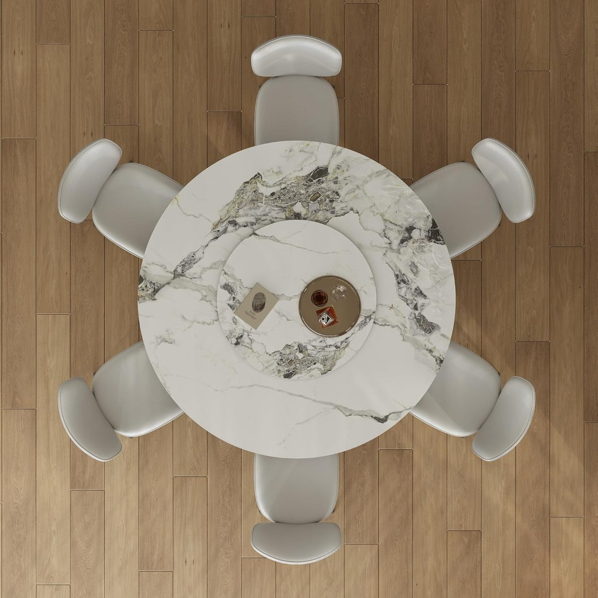 Montary 59” Modern Round Dining Table for 6-8, Artificial Marble Dining Room Table with Lazy Susan, Stainless Steel Black Titanium Hourglass Base, Sintered Stone Top Dining Table (Only Table)