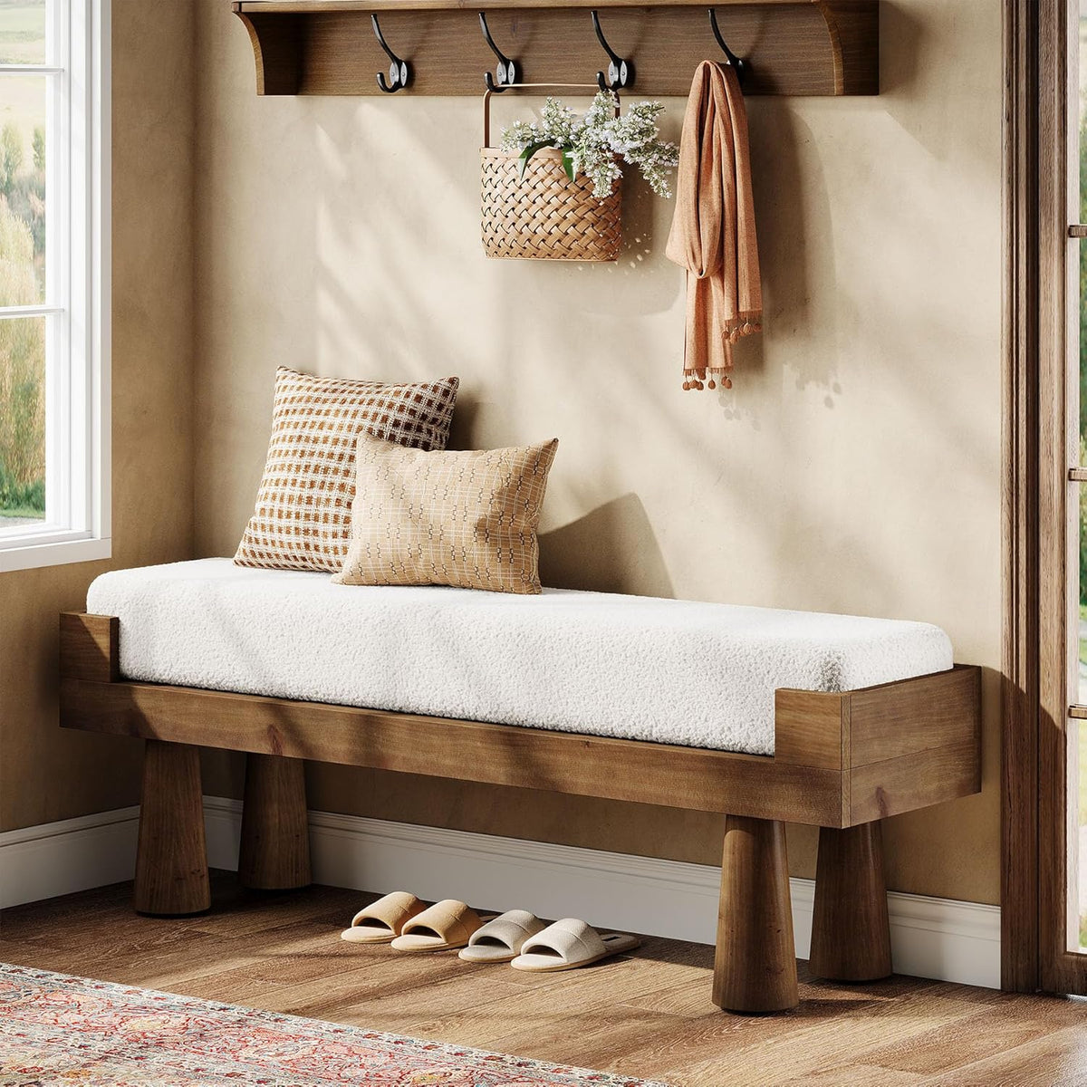 Tribesigns Upholstered Entryway Bench, Shoe Bench Padded Seat with Solid Wood Legs, Bedroom Benches End of Bed Footstool for Living Room, Mudroom, Hallway, Rubberwood Legs