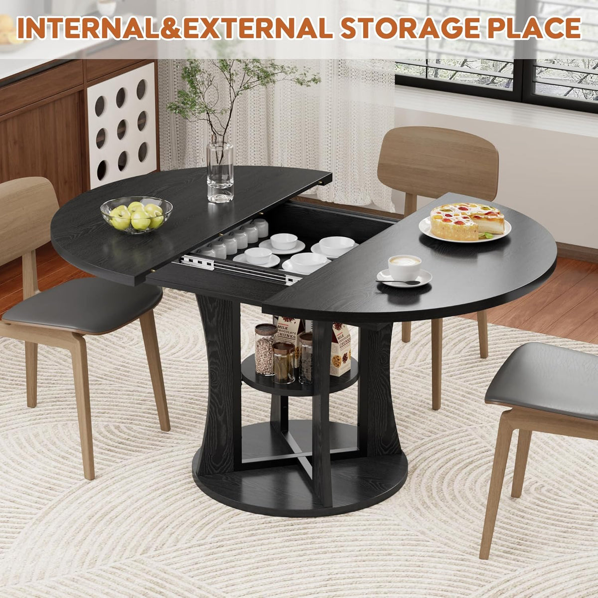 43.3''-59'' Extendable Round Dining Table for 4-8, Expandable Kitchen Table with Storage Shelf, Space Saving Circle Kitchen Table, Round Oval Dining Room Table for Living Room
