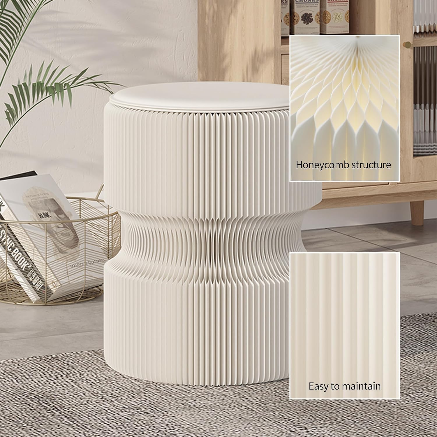 Folding Stool, 660lb Capacity Honeycomb Paper Stool, Eco-Friendly Collapsible Ottoman Side Table, Accordion Design, Portable Sturdy Seat for Home Office Camping Party Mall Booth Gifts, White