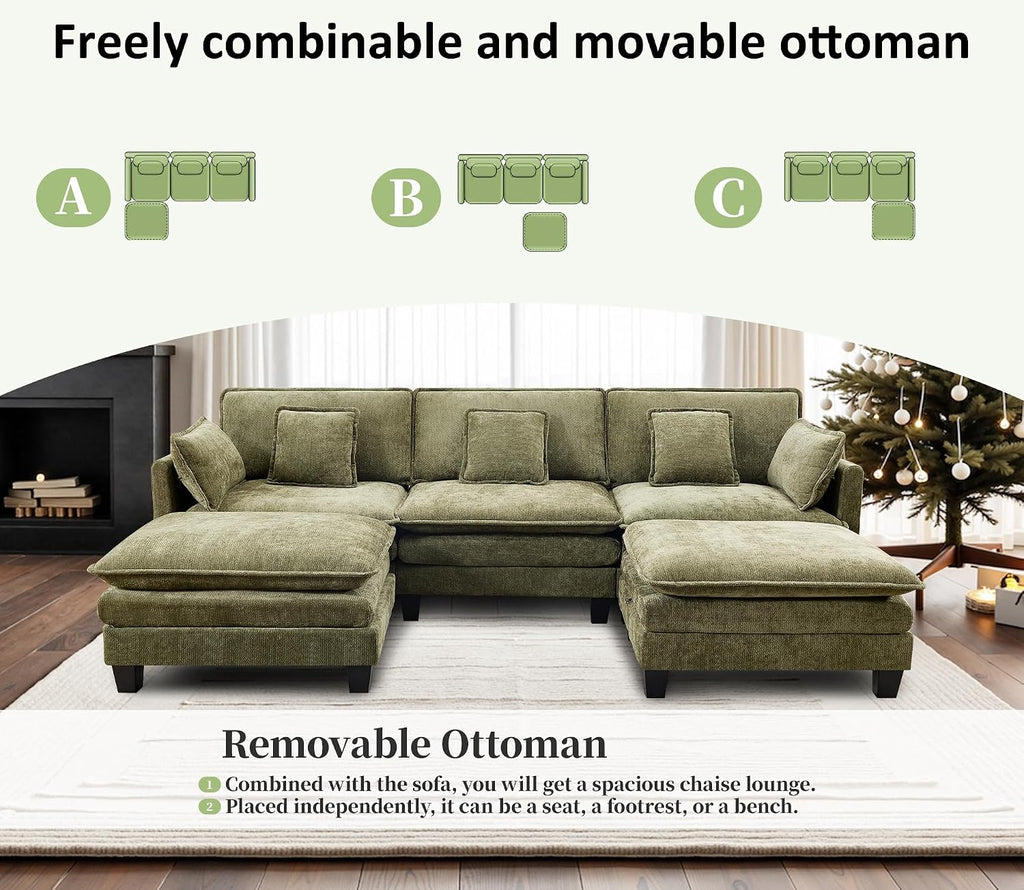 Opiesit Ottoman for Sectional Cloud Couch, Chenille Ottoman for Deep Seat Modular Sofa for Apartment, Living Room and Bedroom, Green