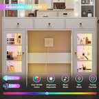 HUANLEGO White Vanity Desk with Mirror and Lights, Glass Top Vanity with Lighted Mirror & RGB Glass Cabinet and 3 Drawers, Makeup Vanity Desk with Lights Dressing Table for Bedroom, 3 Color Modes